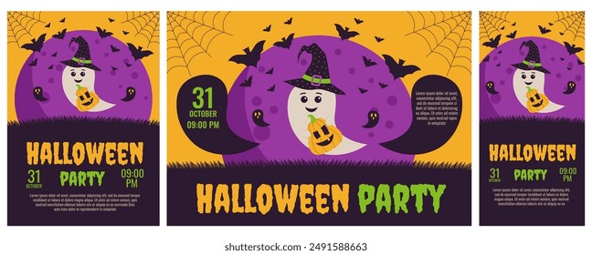 Halloween. Set of Halloween party invitations, posters. Template for greeting cards, background, cover, sale banner, flyer, advertising, web, social media.