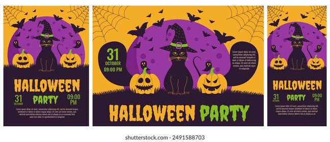 Halloween. Set of Halloween party invitations, posters. Template for greeting cards, background, cover, sale banner, flyer, advertising, web, social media.