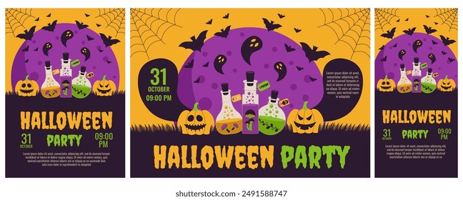 Halloween. Set of Halloween party invitations, posters. Template for greeting cards, background, cover, sale banner, flyer, advertising, web, social media.