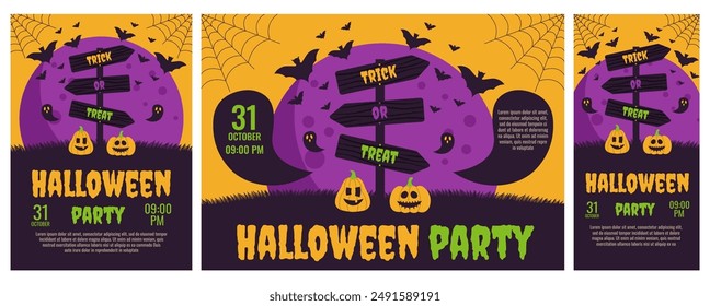 Halloween. Set of Halloween party invitations, posters. Template for greeting cards, background, cover, sale banner, flyer, advertising, web, social media.