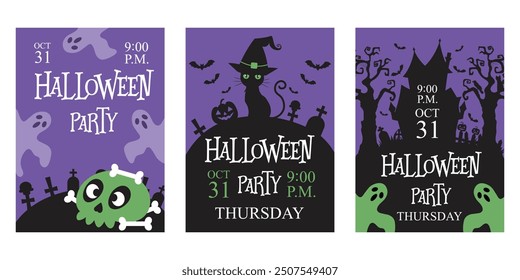 Halloween. Set of Halloween party invitations, posters. Template for greeting cards, background, cover, sale banner, flyer, advertising, web, social media.