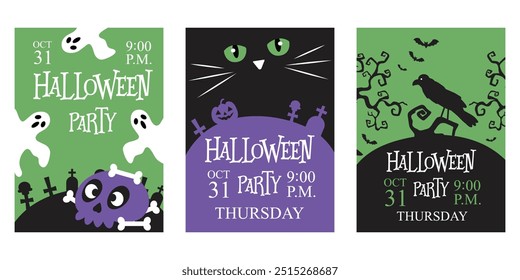 Halloween. Set of Halloween party invitations, posters. Template for greeting cards, background, cover, sale banner, flyer, advertising, web, social media.
