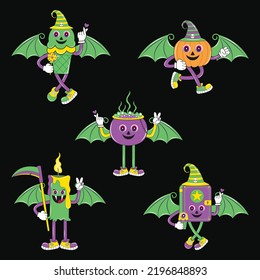 Halloween set of patches in cartoon comic style. Vintage Halloween character design. Set of cute funny happy Halloween character. Perfect for scrapbooking, greeting card, party invitation, sticker.