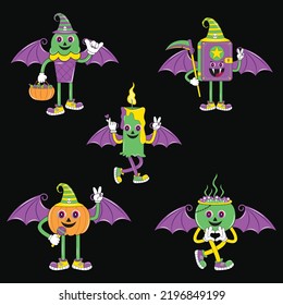 Halloween set of patches in cartoon comic style. Vintage Halloween character design. Set of cute funny happy Halloween character. Perfect for scrapbooking, greeting card, party invitation, sticker.