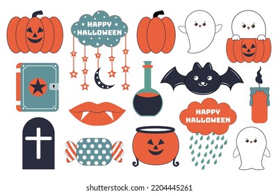 Halloween set of patches in cartoon comic style. Hand draw doodle Halloween elements.