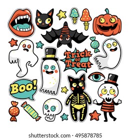 Halloween set patches and ghost  pumpkin  vampire  black cat  skeleton   other elements  Vector illustration isolated white background  Set stickers  pins  patches in cartoon comic style 