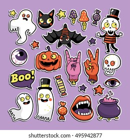 Halloween set of patches with ghost, pumpkin, vampire, black cat and other elements. Vector illustration isolated on background. Set of stickers, pins, patches in cartoon comic style.