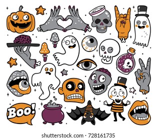 Halloween set of patches with ghost, pumpkin, vampire, black cat, skeleton and other elements. Vector illustration isolated on white background. Set of stickers, pins, patches in cartoon comic style.