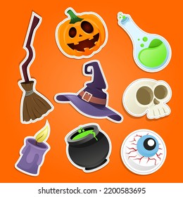 Halloween set of patches with pumpkin, zombies and other elements. Vector illustration isolated on white background. Set of stickers, pins, patches in cartoon comic style.