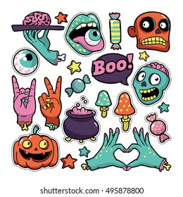 Halloween set of patches with pumpkin, zombies and other elements. Vector illustration isolated on white background. Set of stickers, pins, patches in cartoon comic style.