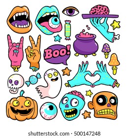 Halloween set of patches with pumpkin, zombies and other elements. Vector illustration isolated on white background. Set of stickers, pins, patches in cartoon comic style.