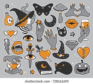 Halloween set of patches with witch, pumpkin, vampire, black cat, magic book and other elements. Vector illustration isolated on grey background. Set of stickers, pins, patches in cartoon comic style.
