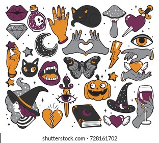 Halloween set of patches with witch, pumpkin, vampire, cat, magic book and other elements. Vector illustration isolated on white background. Set of stickers, pins, patches in cartoon comic style.