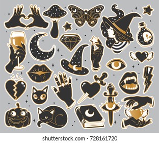 Halloween set of patches with witch, pumpkin, vampire, black cat, magic book and other elements. Vector illustration isolated on grey background. Set of stickers, pins, patches in cartoon comic style.