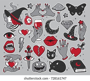 Halloween set of patches with witch, pumpkin, vampire, black cat, magic book and other elements. Vector illustration isolated on grey background. Set of stickers, pins, patches in cartoon comic style.