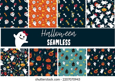 Halloween Set pattern with cute ghost, pumpkin, spider on web. Seamless with funny skull, witch on hat, cat with glasses. Set of elements for party such as moon, flowers, bone, candy