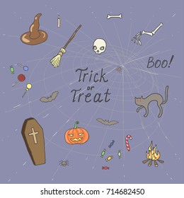 Halloween set pattern design with skull, pumpkin, candy, crow, coffin, broom and cat
