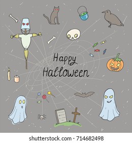 Halloween set pattern design with skull, pumpkin, candy, ghost, raven, grave, scarecrow and cat