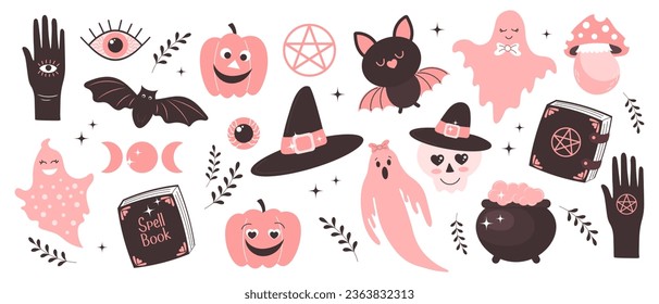 Halloween set with pink elements. Halloween stickers, hand, ghosts, bats, magic pot, moon, pumpkins, eye, spell book and skull. Cartoon design in flat style. Vector