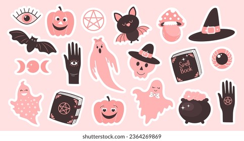 Halloween set with pink elements. Halloween stickers, hand, ghosts, bats, magic pot, moon, pumpkins, eye, spell book and skull. Cartoon design in flat style. Vector