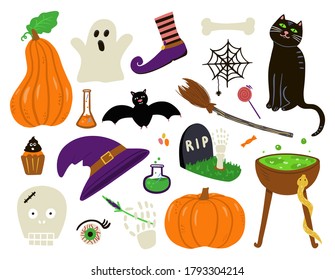 Halloween-Set - spitzer Hut, Caldron, Jack oder Laterne, Spinne, Fledermaus, Skulptur, schwarze Katze und andere Dekorationselemente, Cartoon-Vektorgrafik einzeln auf weißem Hintergrund. Zeichensatz Halloween