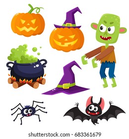 Halloween set - pointed hat, caldron, jack o lantern, spider, bat, zombie, decoration elements, cartoon vector illustration isolated on white background. Set of cartoon Halloween objects, decorations