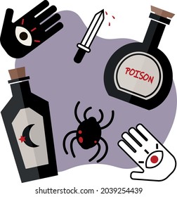 Halloween set with poisons, spider and sword