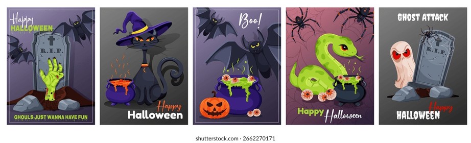 Halloween Set Poster und Postkartenkollektion mit Zombie Hand, Geist, Katze, Fledermäuse, Schlangen, Kessel und Kürbisse. Vektorgrafik für Partyeinladungen und Grußkarten.