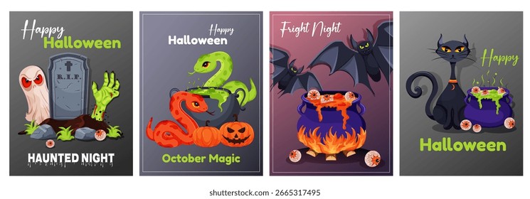 Halloween set poster and postcard collection with ghost, zombie hand, snakes, bats, black cat, cauldrons, and pumpkins. Vector cartoon illustration design for party invites or decor.