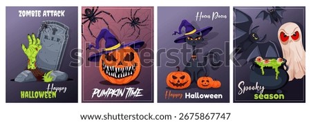 Halloween set poster and postcard collection with zombie hand, pumpkin, witch cat, ghost, bats, spiders and potion cauldron. Vector cartoon illustration for party invitations or greeting card.