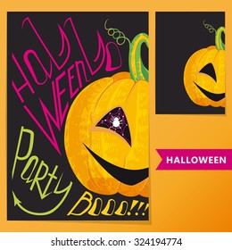 Halloween set.  Poster with pumpkin and inscription Halloween party Boo!!! for your artworks. 