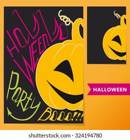 Halloween set.  Poster with simple pumpkin and inscription Halloween party Boo!!! for your artworks. 