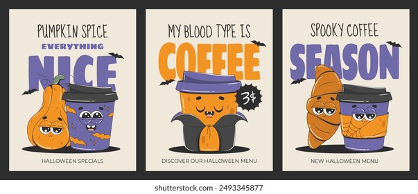 Conjunto de carteles de Halloween en estilo de moda. Mascotas de marca cómica para cafés, panadería, restaurantes. Una taza de café y un cruasán. Ilustración vectorial retro. 