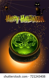 Halloween set with pot, spider, cat, bonfire and sparks