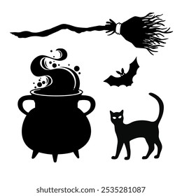 Halloween set: pot, witches pot, black cat, broom, pumpkin, bat. Vector silhouette illustration on white background.