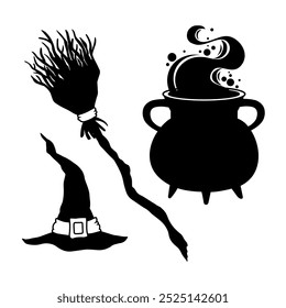 Halloween set: pot, witches hat, broomt, vector silhouette illustration on white background.