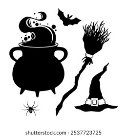 Halloween set: pot, witches hat, pot, broom, pumpkin, spider, bat. Vector silhouette illustration on white background.