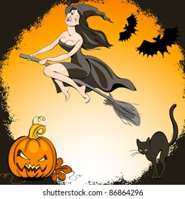 halloween set: pretty  witch on a broom and  bat flies over the pumpkin and cat