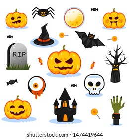 Halloween set: pumpkin, bat, grave, dead man's hand, eye, evil tree, moon, sweets, spider, witch hat, skull. Vector stickers, background for print, poster for party, cover, invitations, postcards.