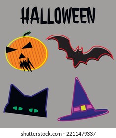 halloween set with pumpkin, bat, hat and cat