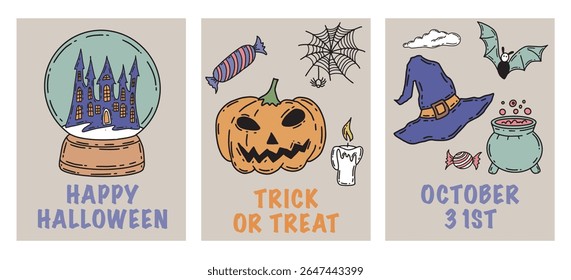 Halloween set with pumpkin, bat, hat, hand drawn illustrations	