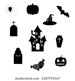 Halloween set; pumpkin, bat, witch hat, grave, candy, scary house and poke with poutine