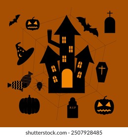 Halloween set; pumpkin, bat, witch hat, grave, candy, scary house and poke with poutine

