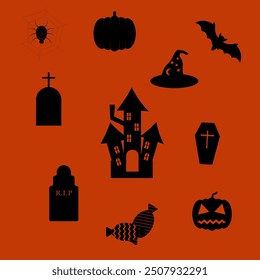 Halloween set; pumpkin, bat, witch hat, grave, candy, scary house and poke with poutine
Категория 1
