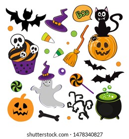 Halloween set with pumpkin, black cat and candy collection on a white background