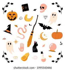 Halloween Set With Pumpkin, Black Cat, Broom, Pink Snake, Skull, Bat,  Magic Ball, Magic Book, Flask With Potion, Ghost.