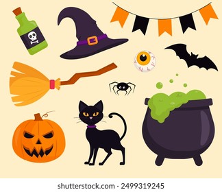 Halloween set with pumpkin, black cat, potion, witch hat, spider, witch's broom. Traditional elements of Halloween. Vector illustration
