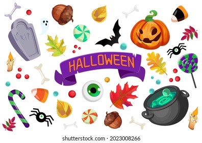 Halloween set. Pumpkin, bones, grave, sweets, leaves, spider, cauldron.