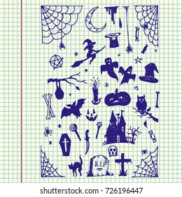 Halloween set. Pumpkin, candle, lantern, witch broom and hat. Bat, castle, ghost. Hand drawn vector stock illustration. Ball pen drawing