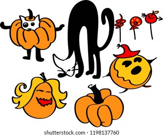 Halloween set pumpkin cat red hat candy red yellow orange black isolated on white background